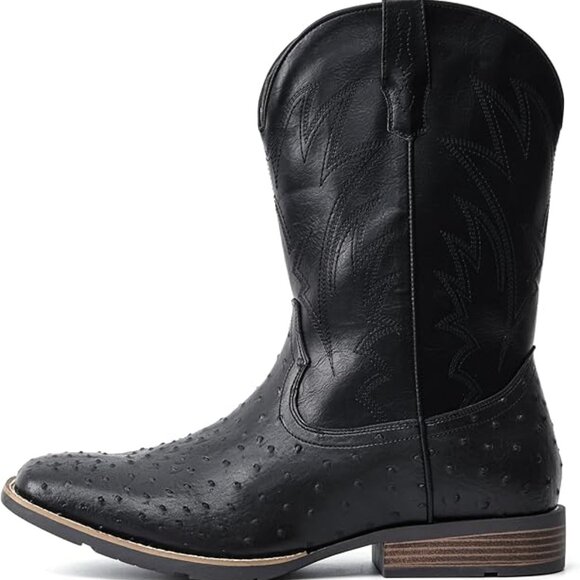 Cowboy Boots For Men Western Ostrich Wide Durable Fashionable Embroidered - Picture 2 of 5